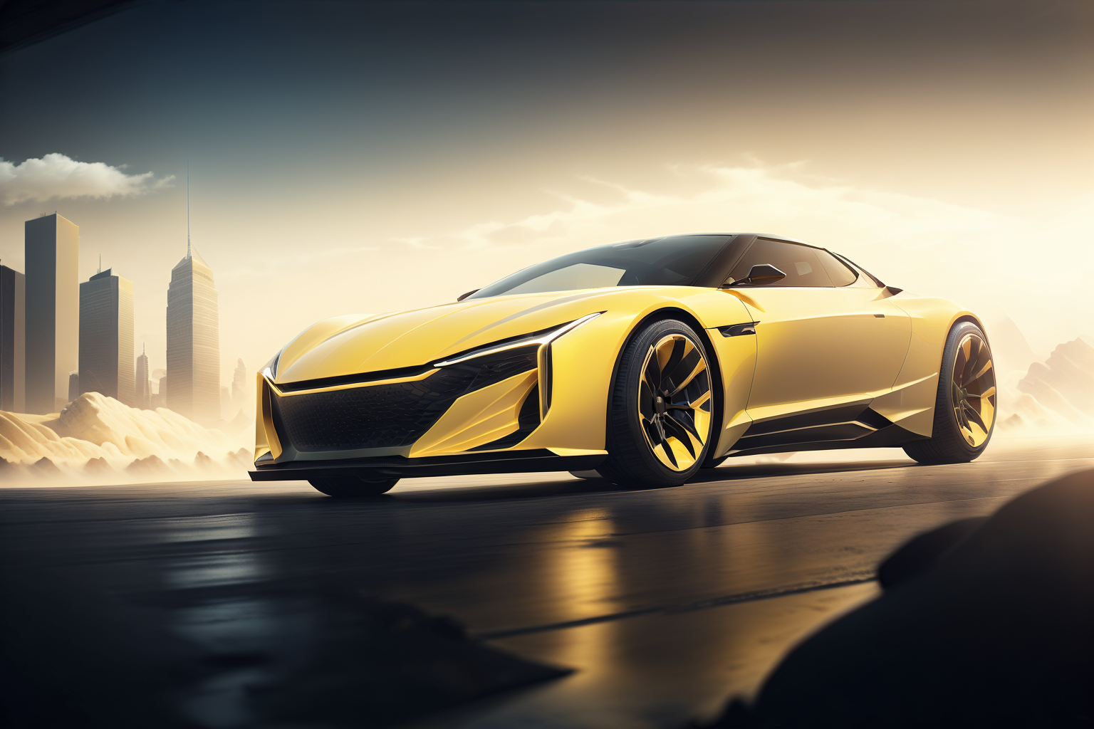 12780-680616839-sports car,yellow,black,white,eschatological style,a car gallops from far to near on the way,cyberpunk,sunset,(1 car),on the edg.png